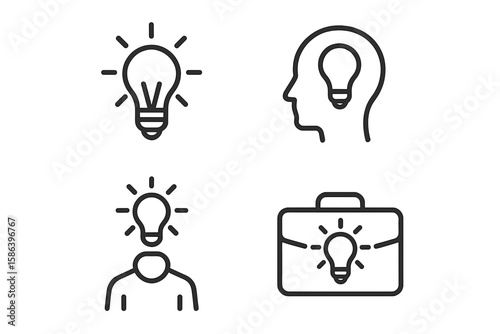 Idea line icon set with glowing light bulb. Business innovation, creativity, thinking concept. Outline pictograms for web and mobile app. Vector illustration of startup ideas.