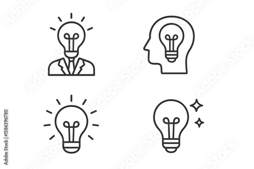 Idea line icon set. Creative thinking, innovation, business solution. Glowing light bulb in head. Outline vector pictogram collection. Conceptual symbols for inspiration.
