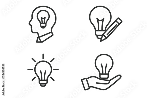 Idea line icon set. Creative thinking, innovation, and solution concepts. Head with light bulb, inspiration, brainstorming. Outline vector pictograms for business.