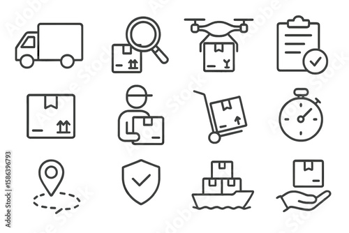Delivery and logistics thin line icon pack. Shipping service, cargo transportation, online order tracking, e-commerce, and supply chain management vector outline symbols.