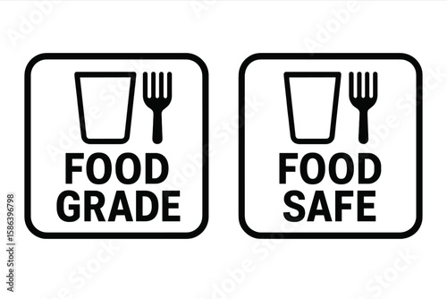 Food grade and food safe material flat icon stamp set. Glass and fork labeling symbol for packaging. Vector illustration for safe contact with food.