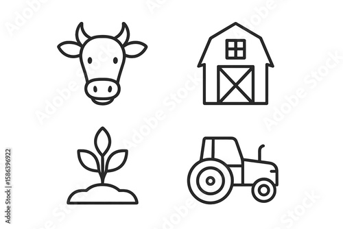 Farming and Agriculture Outline Icon Set. Linear Style Vector Collection. Cow Head, Barn, Tractor, Plant Growing. Editable Stroke. Farm Equipment, Animal Husbandry, Rural Life, Agricultural Pictograms