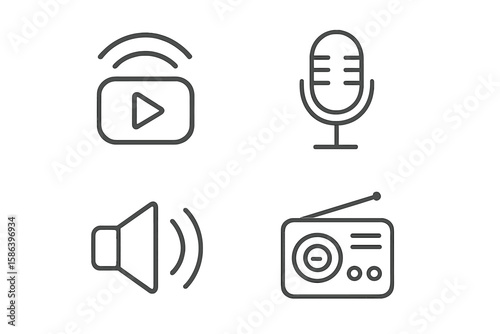 Podcast and Audio Broadcast Line Icon Set. Streaming, Microphone, Speaker, Radio, Sound, Media, Music, Podcasting, Broadcasting, Audio Technology. Modern Linear Outline Vector Collection.