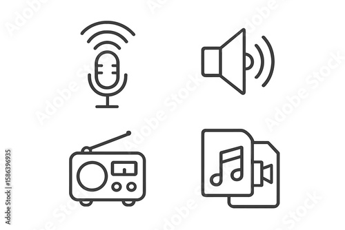 Podcast line icon set with broadcasting microphone, speaker, radio, sound and video files, linear style outline vector pictogram collection, audio media symbols pack