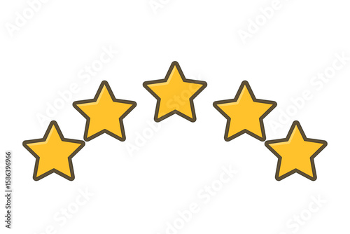 Five Gold Stars Rating Icon Set, Quality Review Symbols, Customer Feedback, Five-Pointed Yellow Stars with Shadow, Arc Arrangement, Transparent Background, Vector Illustration, Service Excellence