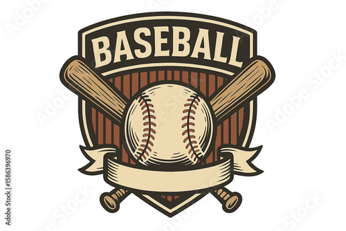 Vintage Baseball Emblem Badge with Crossed Bats, Classic Ball, Ribbon Banner, and Shield, Retro Sports Logo Vector Illustration for Team, Tournament, League, or Merchandise Design