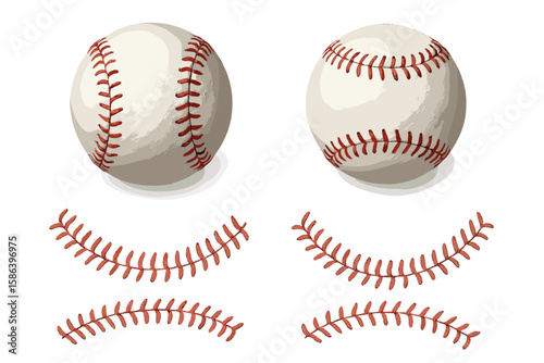 Realistic Baseballs with Detailed Red Stitching, Isolated Elements, Curved Seams, and Classic Sports Equipment Set on Transparent Background for Design and Illustration Projects
