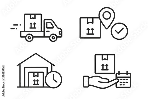 Shipping and Delivery Fulfillment Line Icons Set. Vector Pictograms of Fast Delivery Truck, Logistics Package Tracking, Warehouse Storage, Pickup Location, Stopwatch, Calendar, Thin Linear Style