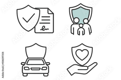Insurance Protection Icons Set. Vector Linear Style Illustrations for Web, App, and Print. Family, Car, Health, Document Security Concepts. Editable Outline, Modern Minimal Design, Isolated on White