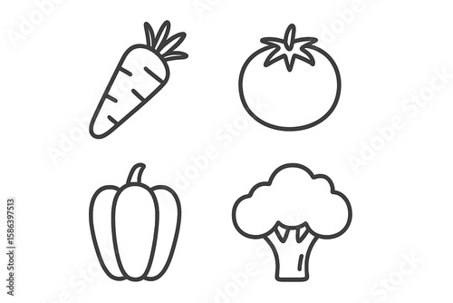 Healthy Food Line Icons Set. Editable Outline Vector Illustrations of Carrot, Tomato, Bell Pepper, Broccoli. Minimalist Vegetable Icons for Nutrition, Healthy Eating, Diet, Web, App, Graphic Design