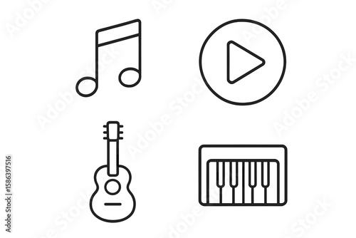 Music and Instrument Line Icons Set. Minimalist Vector Symbols for Music Note, Play Button, Guitar, Piano Keyboard. Modern Linear Style for Web, App, Graphic Design, Digital Media, User Interface