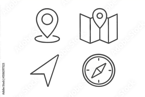 Navigation and Location Line Icons Set. GPS Pin, Folded Map, Compass, Direction Arrow. Minimalist Vector Symbols for Navigation Apps, Web Interfaces, Travel Guides, Location Services, Editable Stroke