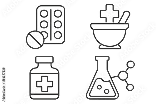 Pharmaceutical line icons set. Medicine, pharmacy, drug capsule, pill blister, mortar and pestle, vaccine vial, chemistry flask. Medical supplies for web, apps, graphics, healthcare design.