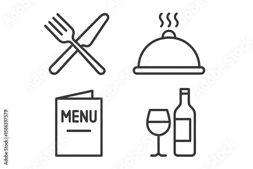 Restaurant Line Icons Set – Fork and Knife, Cloche, Menu, Wine Bottle and Glass. Modern Thin Outline Vector Symbols for Food Service, Dining, Catering, Bar, Cafe, Hospitality, Web and App Design