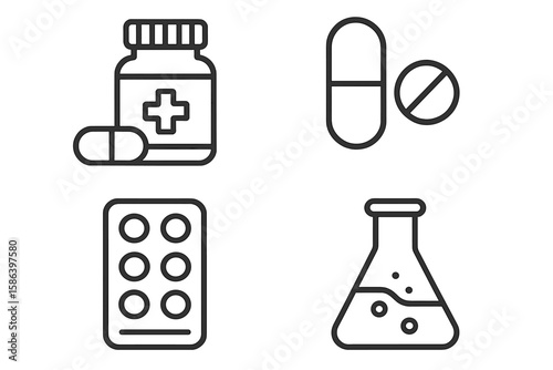 Set of 4 conceptual vector icons in flat linear style for web, applications, and graphic resources, pharmaceutical theme, editable, modern design, medical and healthcare symbols