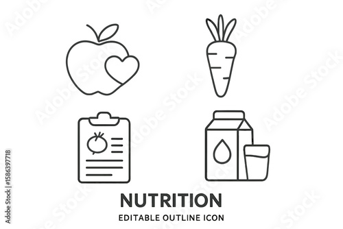 Healthy Nutrition Outline Icons Set. Vector Linear Style Apple, Carrot, Milk, Diet Plan Symbols for Web, App, Infographic. Editable Stroke. Conceptual Food and Diet Icons Collection