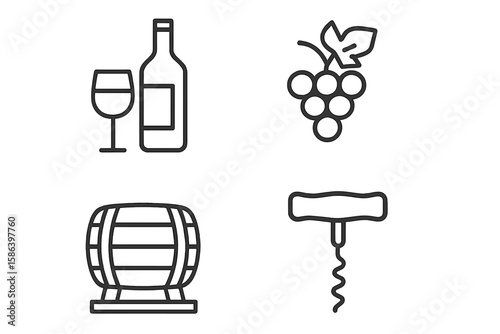 Wine and Winemaking Vector Icon Set. Linear Style Grapes, Wine Glass, Bottle, Barrel, Corkscrew. Modern Minimalist Drink and Vineyard Symbols for Web, App, Branding, Packaging, Menu, Infographic
