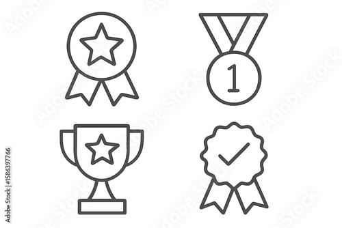 Award and Achievement Icons Set. Linear Vector Trophies, Medals, Ribbons, Badges. Outline Style for Web, App, Certificate, Sports, Business, Education, Competition, Success, Recognition, Winner