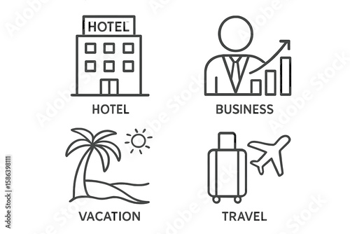 Hotel, Business, Vacation, and Travel Line Icons Set. Modern Linear Style Outline Icon Collection. Hospitality, Corporate, Holiday, Tourism, Suitcase, Airplane, Palm Tree, Infographic Vector