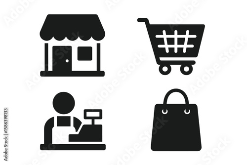Shopping and Retail Icon Set – Vector Black Silhouette Pictograms of Storefront, Shopping Cart, Cashier, Shopping Bag, E-commerce, Retail Business, Marketplace Management, Commercial Symbols