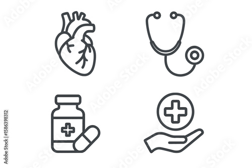 Set of 4 Linear Medical Icons in Outline Style – Healthcare, Medicine, Human Organ, Medical Instruments, Treatment Symbols, Health Concept Collection