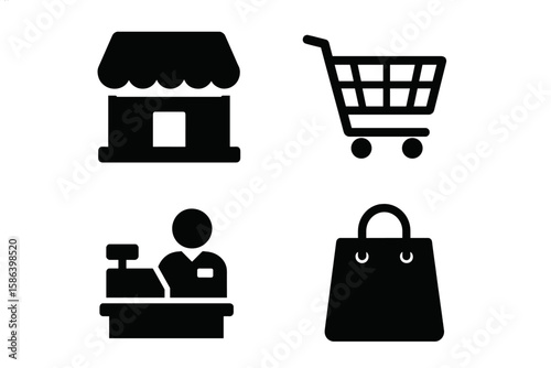 Modern Shopping and Retail Icon Set – Storefront, Shopping Cart, Cashier, Shopping Bag, E-commerce, Marketplace, Business Management, Black Silhouette Vector Collection
