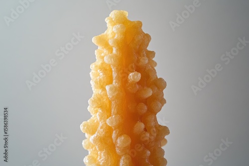 A macro photo shows a golden-yellow, botryoidal mineral formation, perhaps aragonite, featuring a unique, waxy texture against a gray background.
