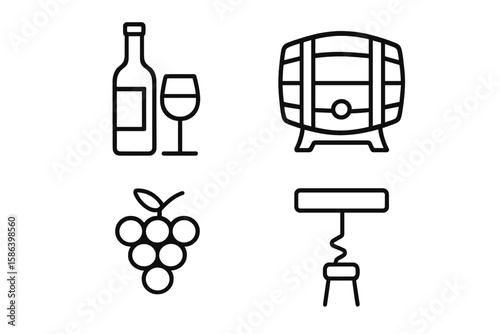 Wine and Vineyard Line Icon Set. Wine Bottle, Glass, Barrel, Grapes, Corkscrew. Outline Vector Illustration for Winery, Vineyard, Wine Tasting, Beverage Menu, Bar, Restaurant, Alcoholic Drink Concept