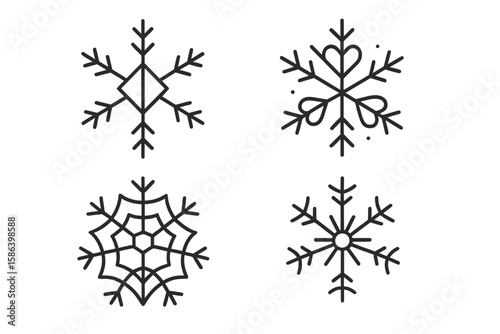 Minimalist Snowflake Line Icon Set of 4 – Geometric Diamond, Heart, Spiderweb, and Classic Shapes, Thin Linear Vector Illustrations for Christmas, Winter, Holiday, and New Year Design