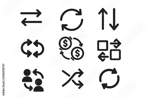 Swap, Exchange, Transfer, and Synchronization Vector Icon Set. Modern Arrow, Currency, User, and Process Symbols for Web Design, App UI, Business Presentations, Infographics, and Digital Interfaces