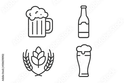 Beer icons set linear style. Simple outline symbols for pub, bar menu, or brewery. Vector graphic collection of beer mug, glass, bottle, hops, and barley. Craft beer.