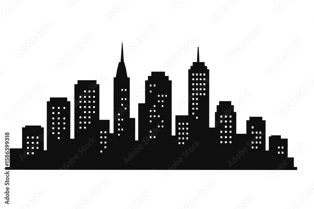 Naklejka premium Modern Urban Cityscape Silhouette Vector. Night City Skyline with Skyscrapers, Office Buildings, High-Rise Towers. Black City Architecture Isolated on White. Downtown Metropolis Skyline Illustration.