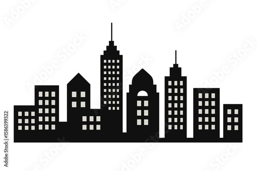 Urban cityscape silhouettes vector illustration, night skyline with black city buildings, modern metropolitan landscape isolated on white background, transparent vector art