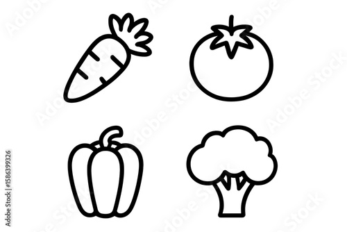 Minimalist Vegetable Icon Set. Carrot, Tomato, Bell Pepper, Broccoli. Black Outline Linear Style. Healthy Food, Vegan, Vegetarian, Organic Produce. Web, App, Graphic Design Resources.