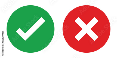 Set of green checkmark, red cross, x mark icon, flat rounded right and wrong sign concept vector illustration.