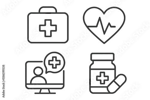 Medical Healthcare Line Icons Set. First Aid Kit, Heartbeat, Telemedicine Consultation, Medicine Bottle and Pill. Modern Thin Linear Style for Web, App, Infographic, Medical Graphic Resources