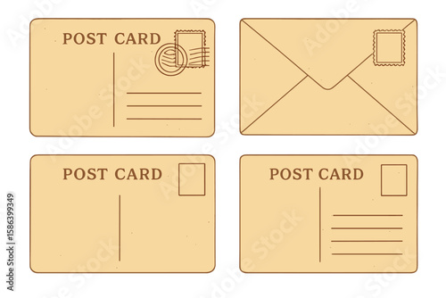 Vintage Postcard and Envelope Set Vector Illustration – Blank Antique Paper Templates, Retro Postal Card Designs, Old-Fashioned Mail Elements, Isolated on Transparent Background