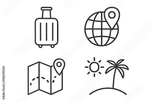 Travel and Tourism Linear Vector Icon Set. Suitcase, Globe with Location Pin, Map with Route, Tropical Island. Minimal Outline Style for Web, App, Graphic Design, Vacation, Holiday, Journey Concepts