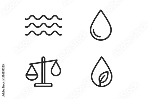Clean Water Line Icon Set – Water Drop, Eco-Friendly, Balance, Natural, Purity, Sustainability, Minimalist Outline Symbols for Web, Mobile Apps, Environmental Conservation, Vector Illustration
