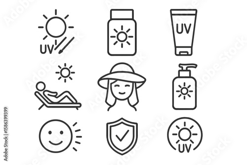 Sun protection outline icon set. Sunscreen, UV filter, and sunblock symbols. Summer skin care and safety collection. Woman in hat, sunbathing, and lotion elements.
