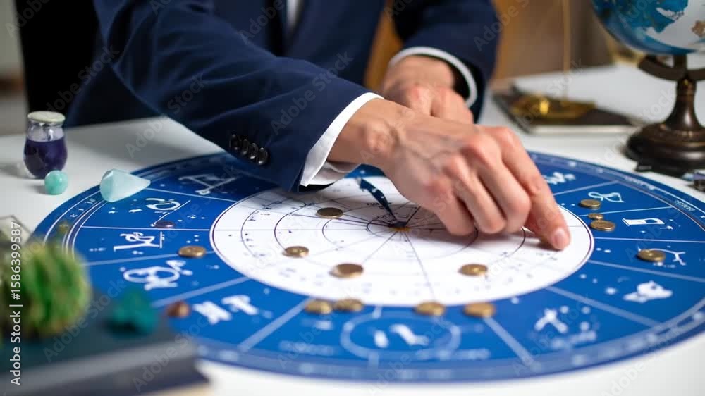 A person's hands in a blue suit arrange golden coins on a zodiac chart. A globe and crystals are nearby