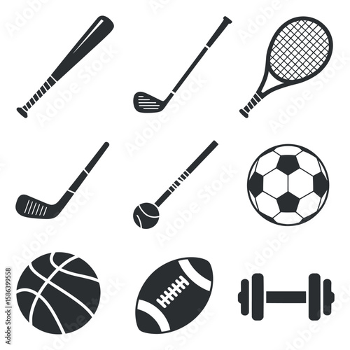 Sports Equipment Icons Set Featuring Baseball Bat, Golf Club, Tennis Racket, Soccer Ball, Basketball, Football, and Dumbbell on a Clean White Background