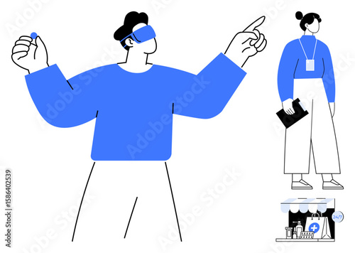 Man wearing VR headset interacting with virtual elements, woman holding clipboard, and a storefront. Ideal for technology, innovation, healthcare, virtual interaction, e-commerce, training digital