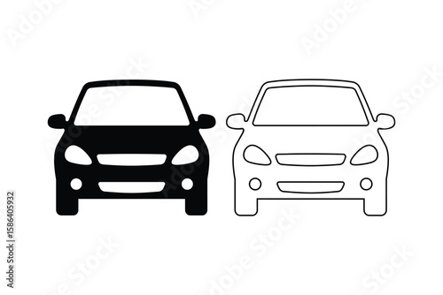 Illustration of two cars one in solid black and the other in outline on a white background