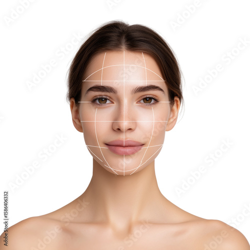 Female face with symmetry lines on transparent background, concept of beauty, dermatology, and facial recognition