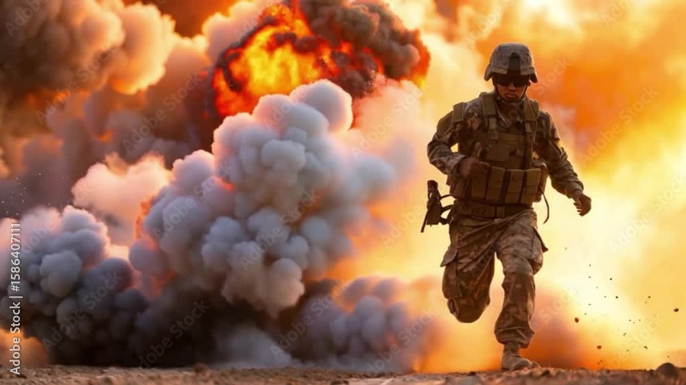 A cinematic shot of a military soldier sprinting toward the camera, escaping a massive fiery explosion in the background—dust, debris, and flames surrounding the intense battlefield escape