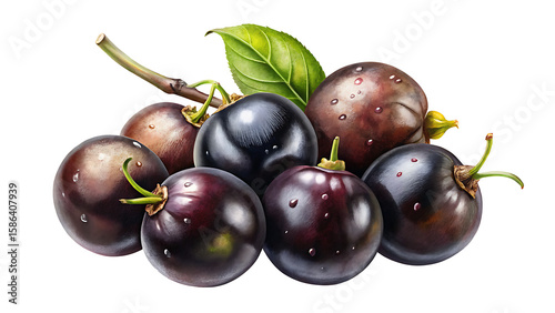 Isolated Jabuticaba Fruit Branch with Dark Purple Berries and Green Leaves on Transparent Background