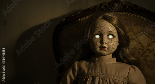 Creepy cracked doll with glowing eyes on vintage chair in dim light