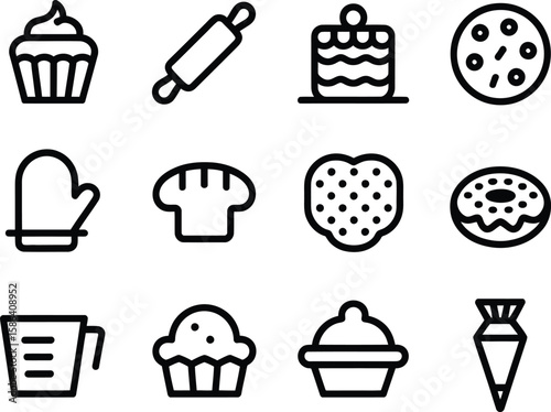 Collection of baking and dessert icons in a simple outline style