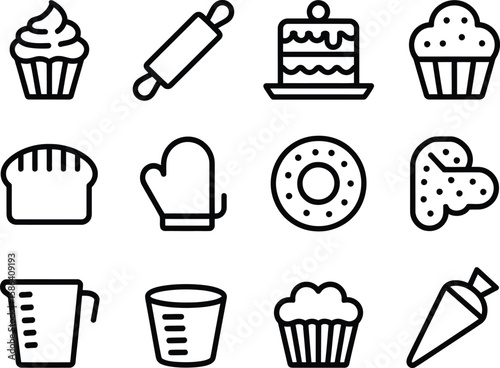Collection of baking icons including cupcakes cake rolling pin bread and measuring cups